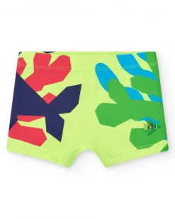Boxer de bain vert pour garçon avec poissons rouges et bleus