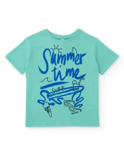 Camiseta de manga corta para niño en turquesa con estampado veraniego