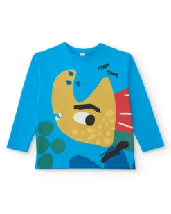 Camiseta de manga larga para niño en azul con estampado de pez
