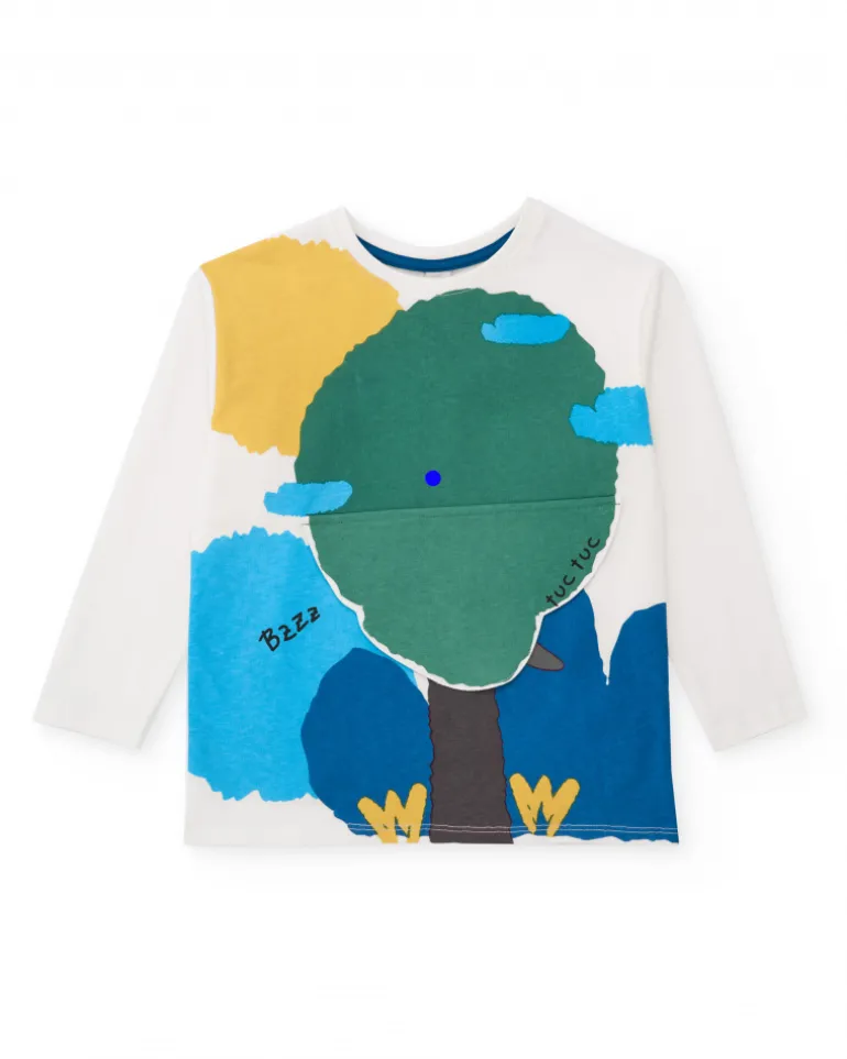 Camiseta de manga larga para niño en blanco con estampado de árbol