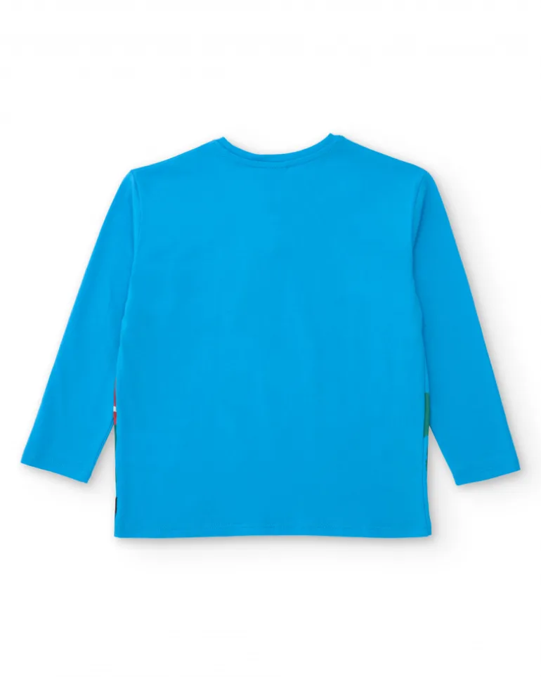 Camiseta de manga larga para niño en azul con estampado de pez