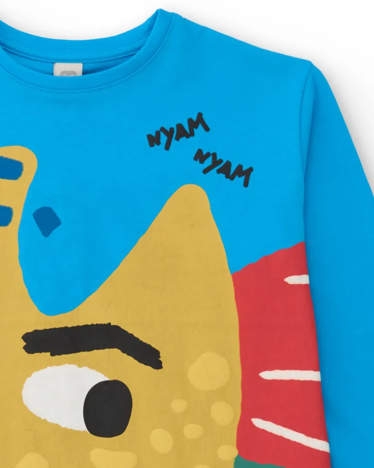 Camiseta de manga larga para niño en azul con estampado de pez