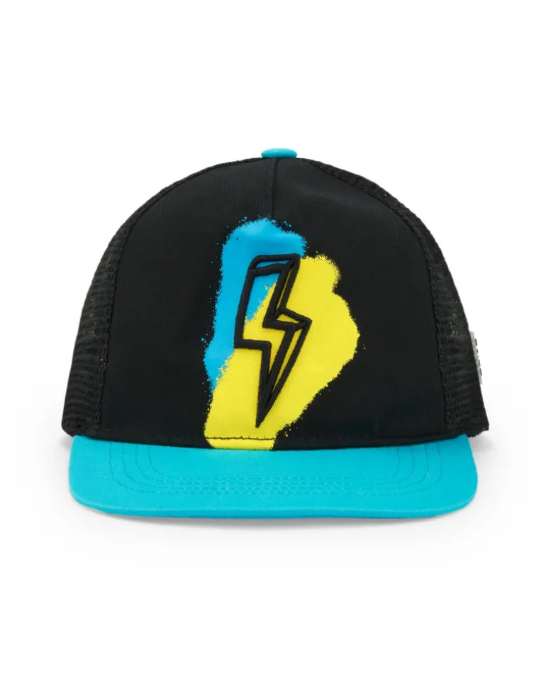 Casquette noire pour garçon avec détails bleus et jaunes et éclair frontal