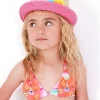 Chapeau en raphia beige pour fille avec bordure rose et oreilles