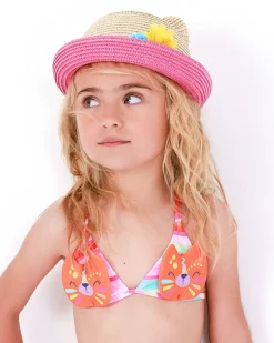 Chapeau en raphia beige pour fille avec bordure rose et oreilles