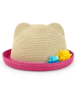 Chapeau en raphia beige pour fille avec bordure rose et oreilles