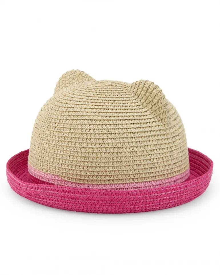 Chapeau en raphia beige pour fille avec bordure rose et oreilles
