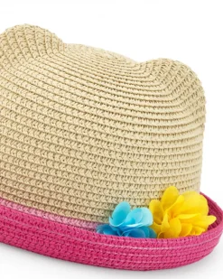 Chapeau en raphia beige pour fille avec bordure rose et oreilles