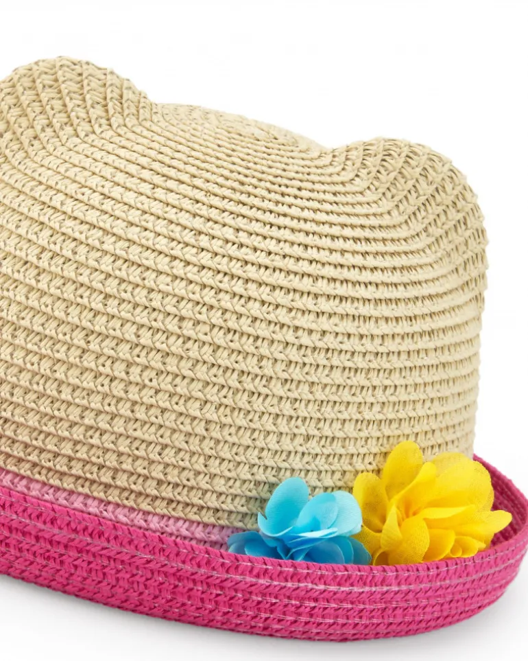 Chapeau en raphia beige pour fille avec bordure rose et oreilles