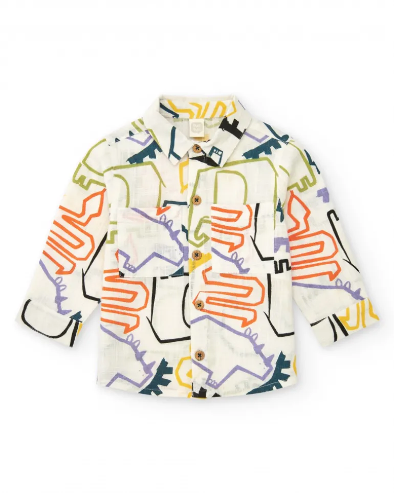 Chemise blanche pour garçon avec imprimé multicolore de dinosaures
