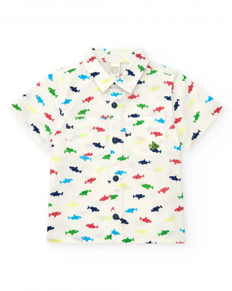 Chemise blanche pour garçon avec requins multicolores