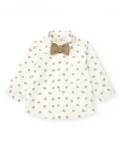 Chemise blanche pour garçon avec feuilles beiges et nœud papillon amovible