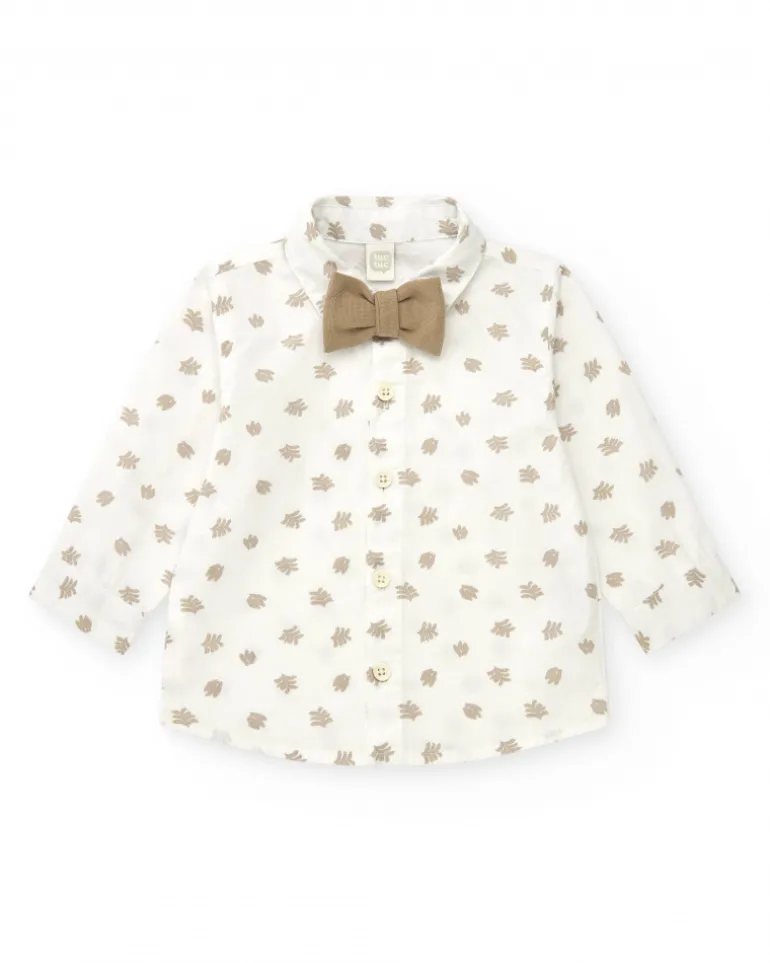 Chemise blanche pour garçon avec feuilles beiges et nœud papillon amovible