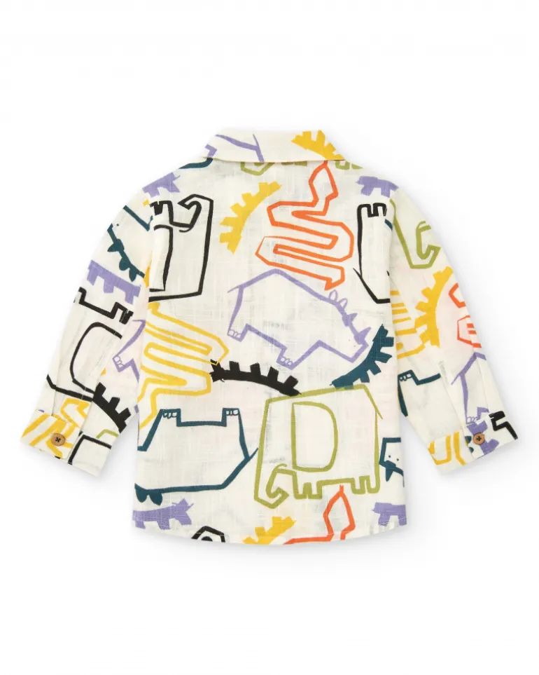 Chemise blanche pour garçon avec imprimé multicolore de dinosaures
