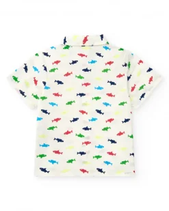 Chemise blanche pour garçon avec requins multicolores