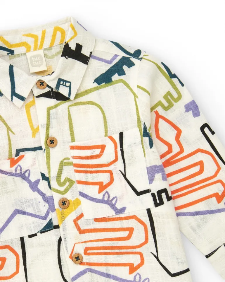 Chemise blanche pour garçon avec imprimé multicolore de dinosaures