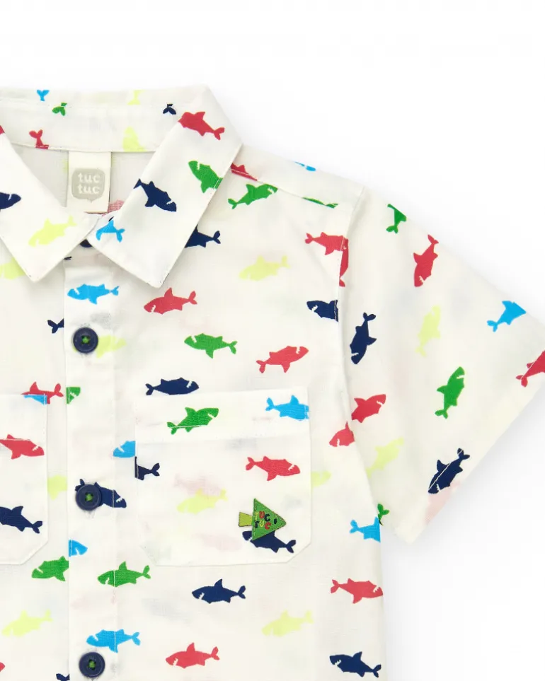 Chemise blanche pour garçon avec requins multicolores