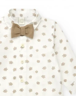 Chemise blanche pour garçon avec feuilles beiges et nœud papillon amovible
