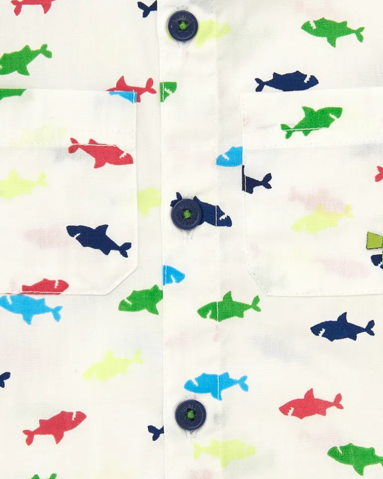 Chemise blanche pour garçon avec requins multicolores