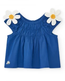 Chemise bleue pour fille avec fleurs et fronces
