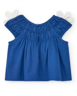 Chemise bleue pour fille avec fleurs et fronces