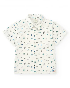Chemise en toile blanche pour garçon avec imprimé tropical bleu et vert