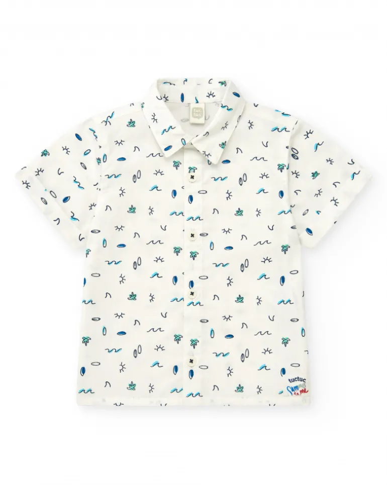 Chemise en toile blanche pour garçon avec imprimé tropical bleu et vert