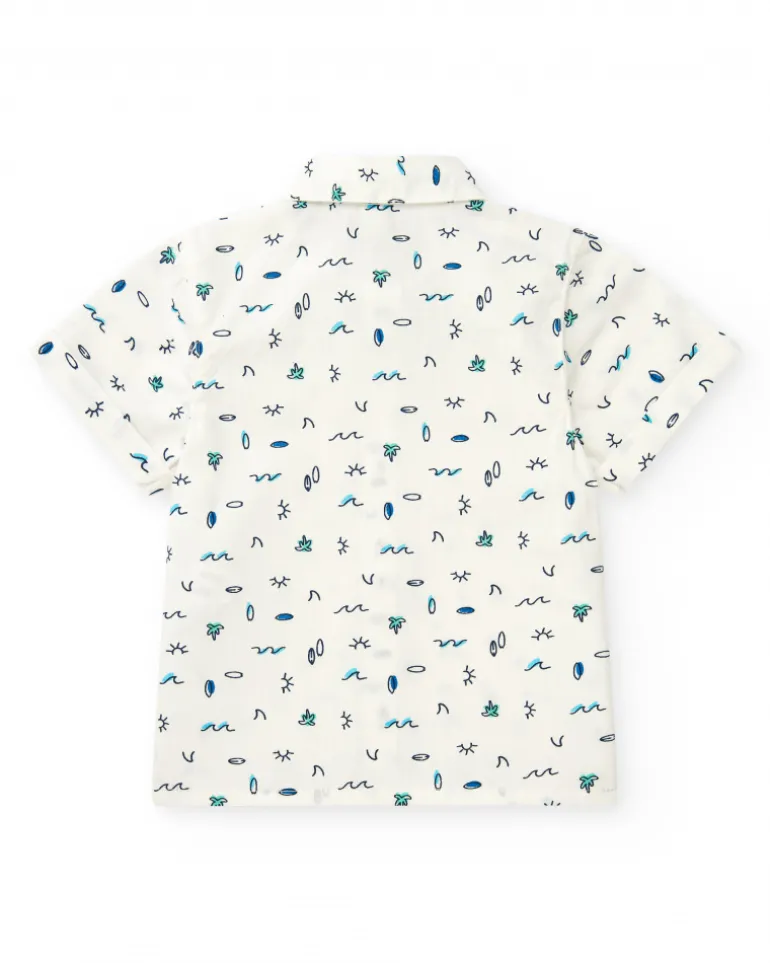 Chemise en toile blanche pour garçon avec imprimé tropical bleu et vert