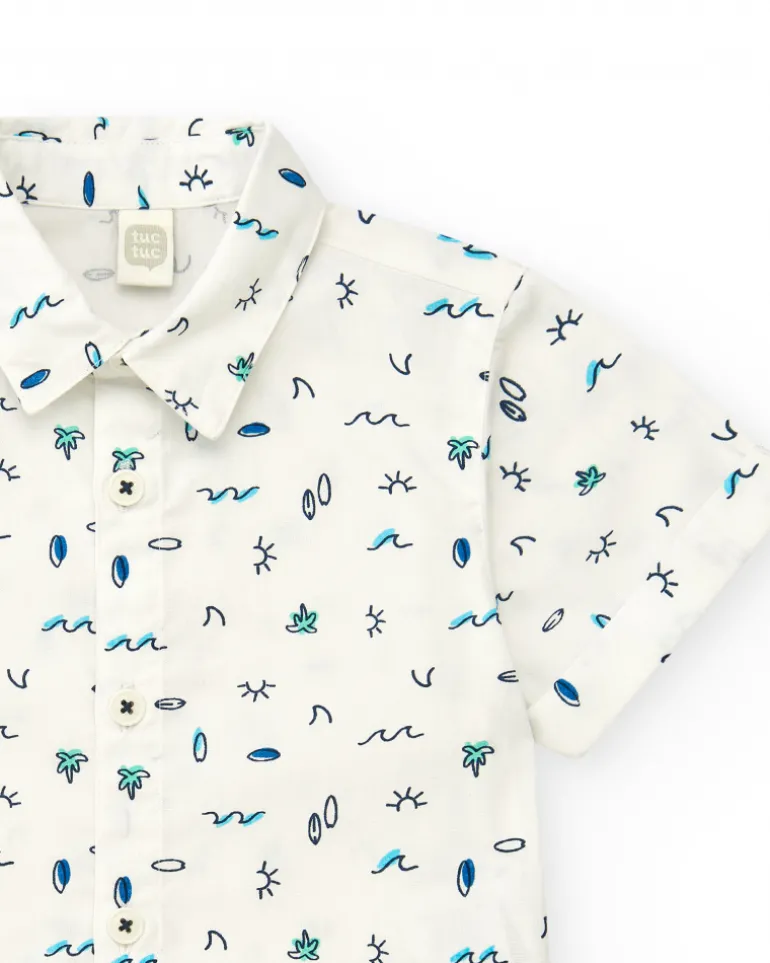 Chemise en toile blanche pour garçon avec imprimé tropical bleu et vert