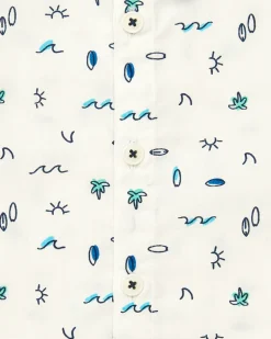 Chemise en toile blanche pour garçon avec imprimé tropical bleu et vert
