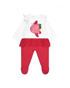 Combinaison blanche pour fille avec applique de poisson et jupe en tulle rouge