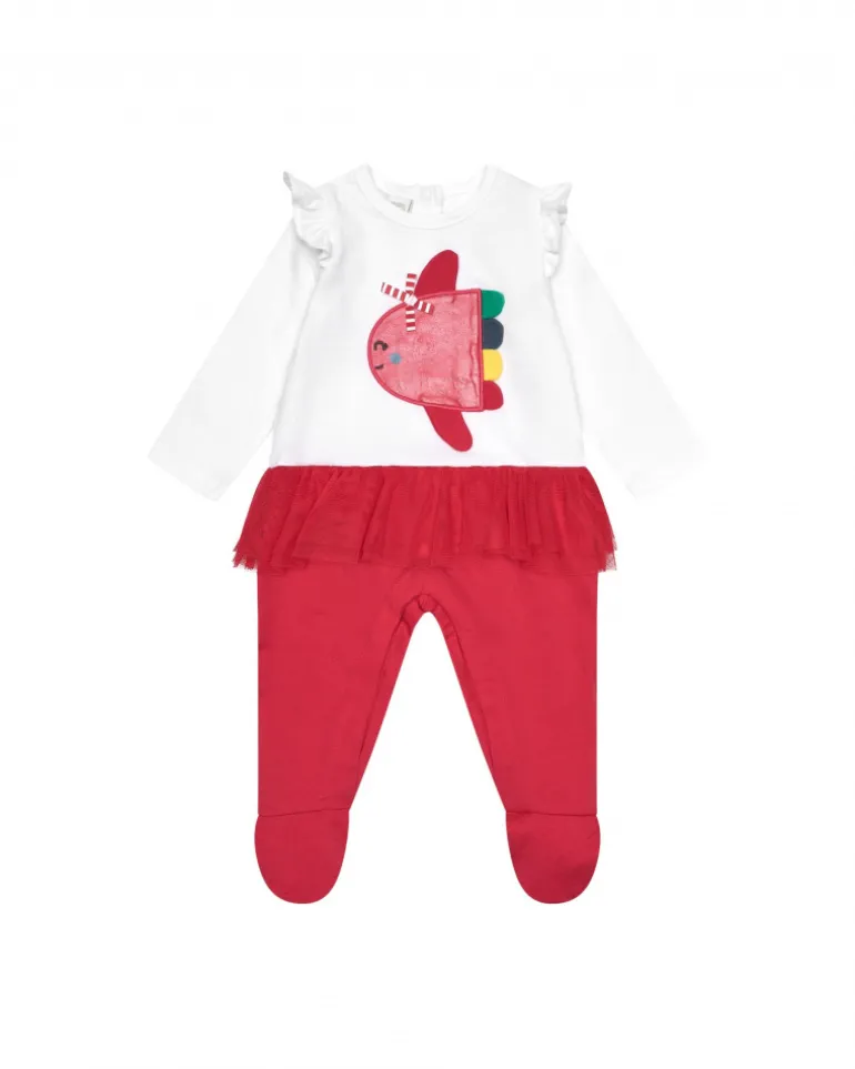 Combinaison blanche pour fille avec applique de poisson et jupe en tulle rouge
