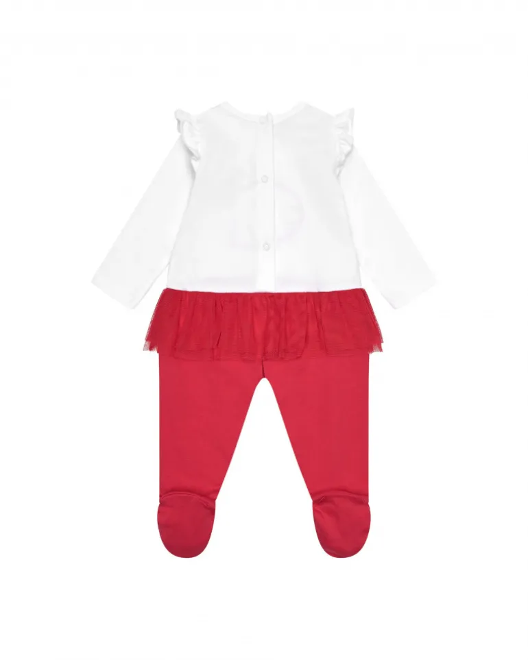 Combinaison blanche pour fille avec applique de poisson et jupe en tulle rouge