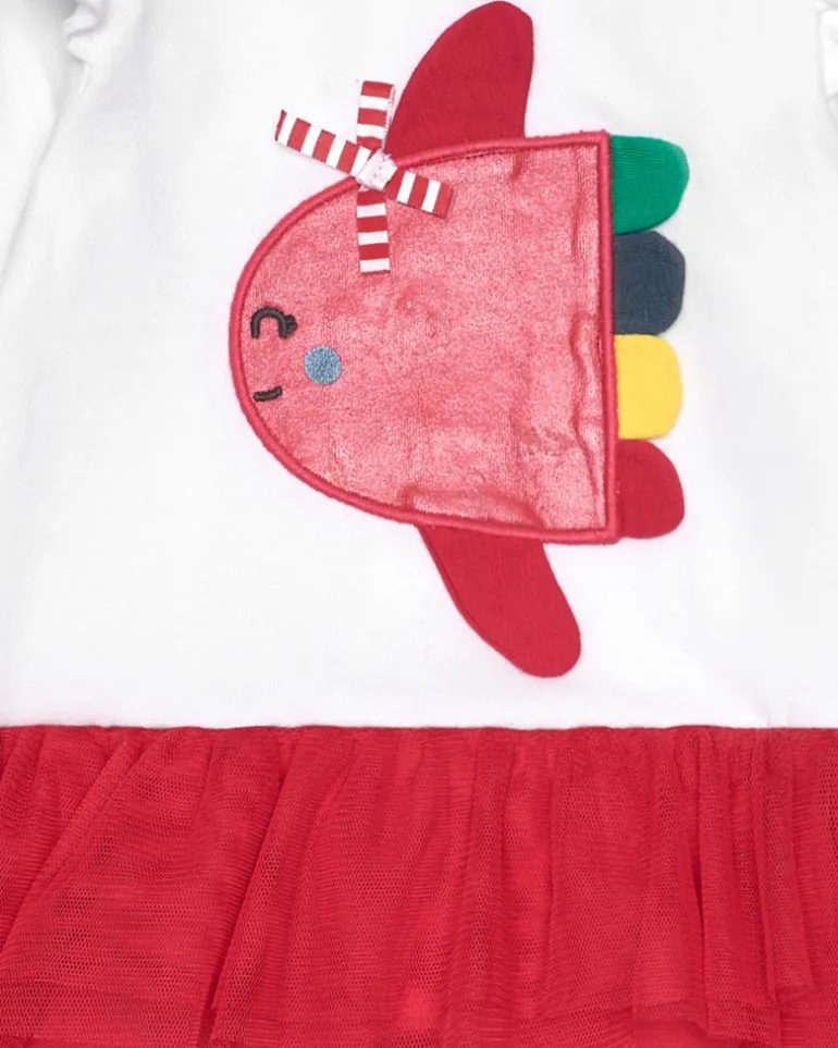Combinaison blanche pour fille avec applique de poisson et jupe en tulle rouge