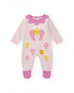 Combinaison en tricot pour fille couleur rose avec imprimé de papillon