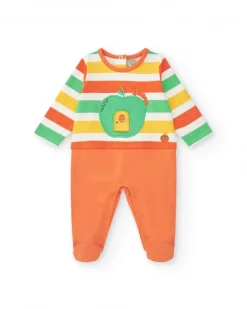 Combinaison en tricot pour garçon rayée avec applique de pomme et fermeture à pression