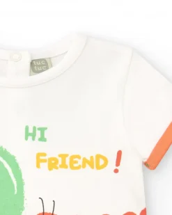 Combinaison en tricot pour garçon blanche et orange avec imprimé de pomme et message "Hi Friend!"