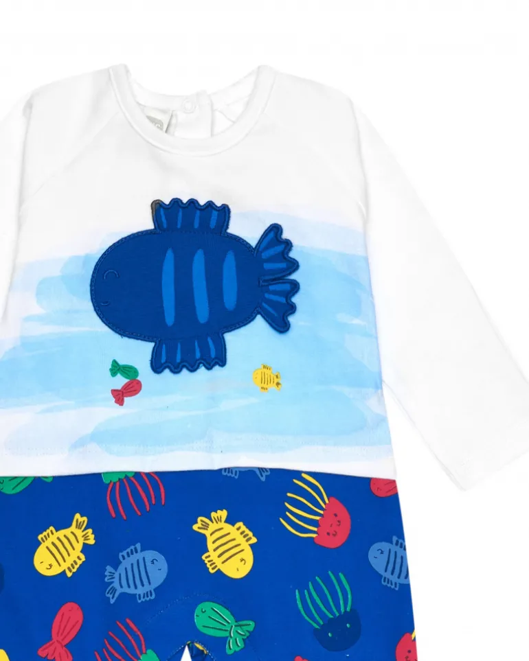 Combinaison en tricot pour garçon couleur bleue avec imprimé de poissons