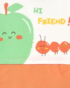 Combinaison en tricot pour garçon blanche et orange avec imprimé de pomme et message "Hi Friend!"