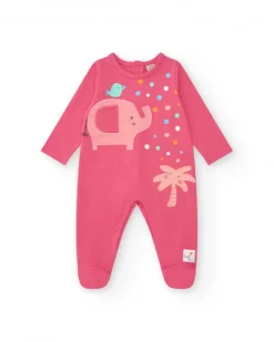 Combinaison fuchsia pour fille avec imprimé d'éléphant, palmier et pois
