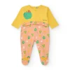 Combinaison jaune pour fille avec pomme brodée et partie rose à imprimé floral