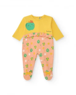 Combinaison jaune pour fille avec pomme brodée et partie rose à imprimé floral