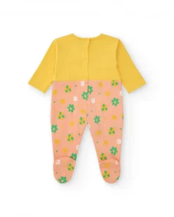 Combinaison jaune pour fille avec pomme brodée et partie rose à imprimé floral