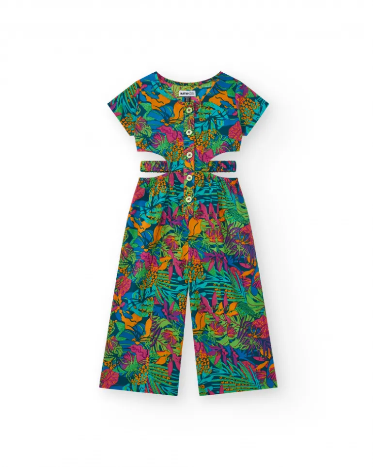 Combinaison pour fille avec imprimé tropical, boutons sur le devant et ouvertures latérales.