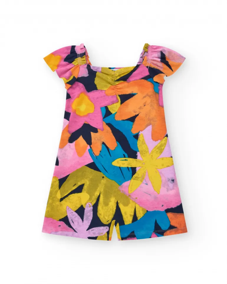 Combinaison pour fille multicolore avec manches bouffantes et encolure froncée.