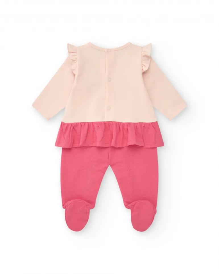 Combinaison rose et crème pour fille avec éléphant en relief et volant à la taille