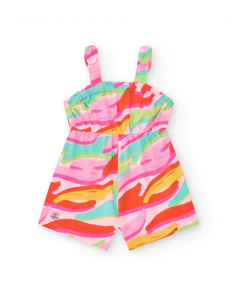 Combinaison rose pour fille avec imprimé tropical et taille élastique