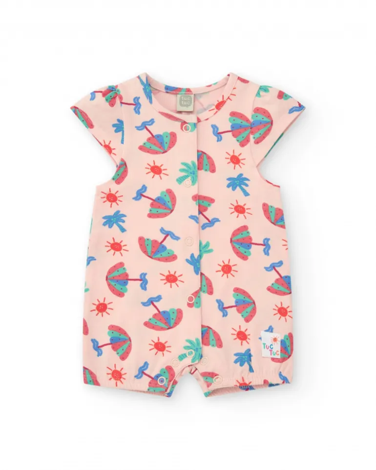Combinaison rose pour fille avec imprimé tropical et boutons sur le devant