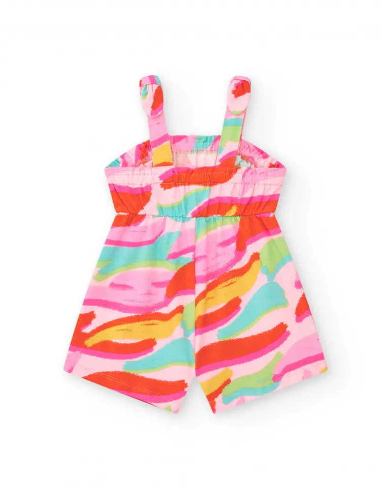 Combinaison rose pour fille avec imprimé tropical et taille élastique