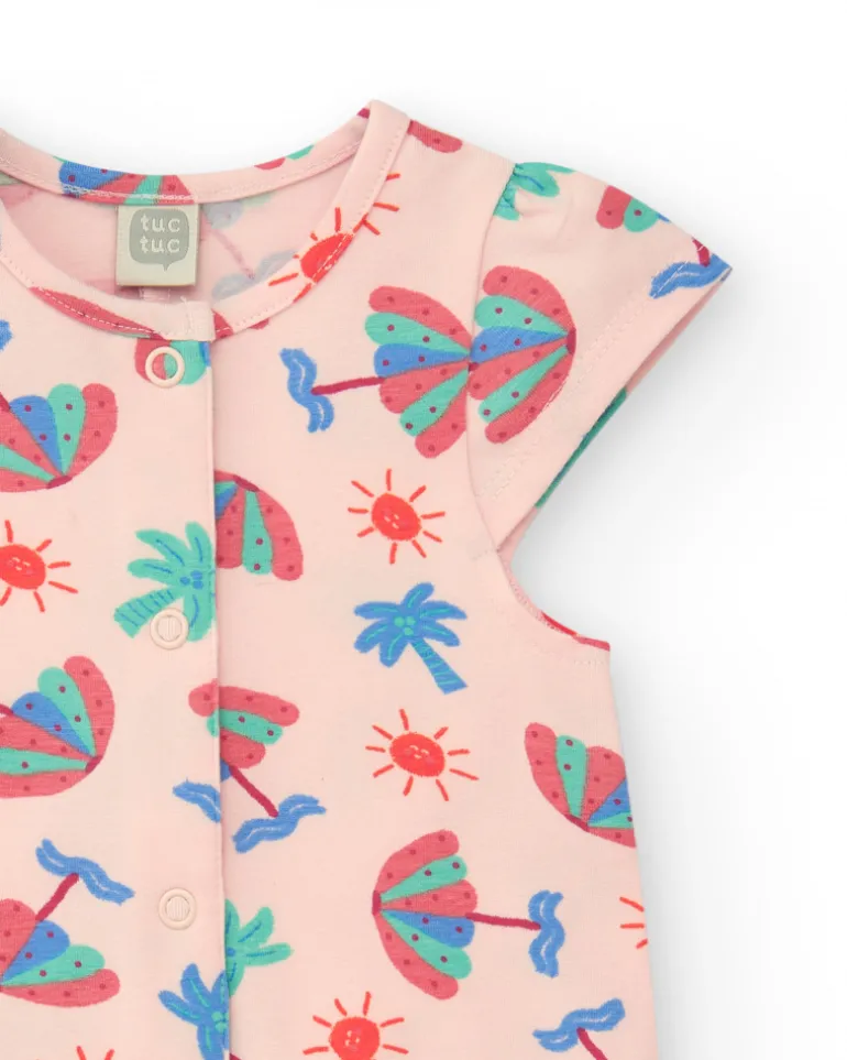 Combinaison rose pour fille avec imprimé tropical et boutons sur le devant